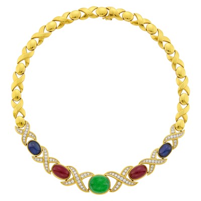 Lot 86 - Two-Color Gold, Cabochon Emerald, Ruby and Sapphire and Diamond Necklace