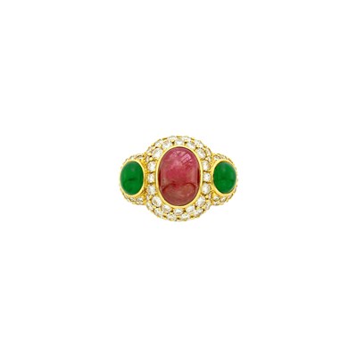 Lot 85 - Gold, Cabochon Ruby and Emerald and Diamond Ring