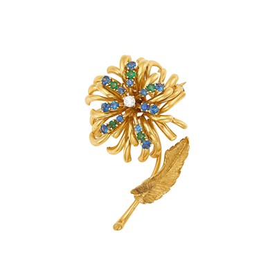 Lot 1253 - Gold, Emerald, Sapphire and Diamond Flower Brooch