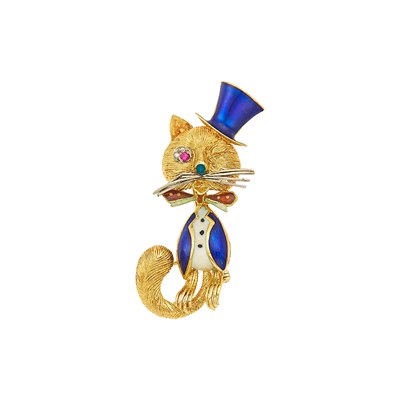 Lot 1066 - Two-Color Gold and Enamel Cat Brooch