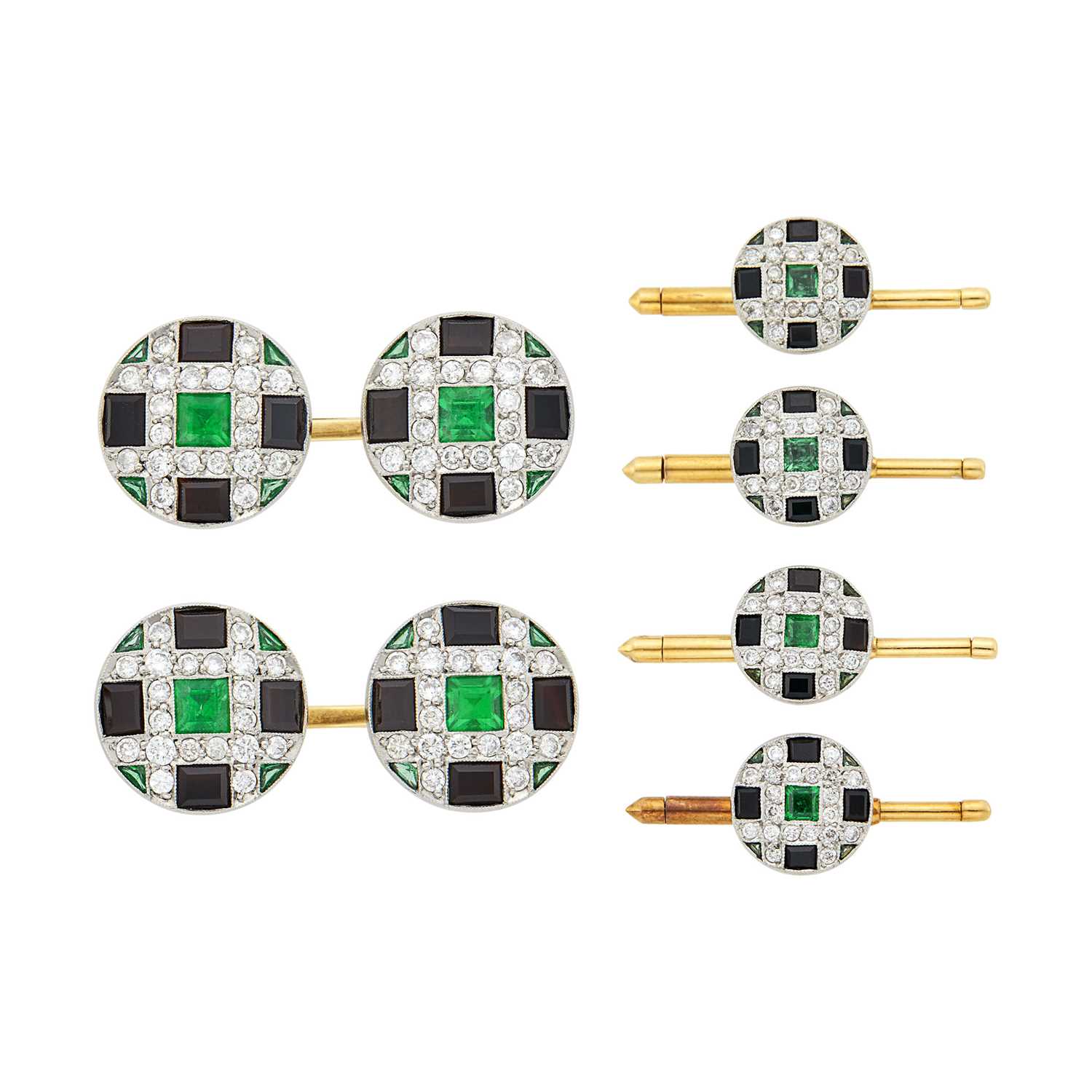 Lot 1174 - Two-Color Gold, Emerald and Diamond and Black Onyx Dress Set