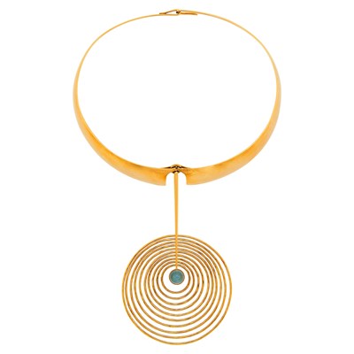 Lot 41 - Bent Gabrielsen Pederson Modernist Gold and Cabochon Aquamarine Pendant-Necklace, Denmark