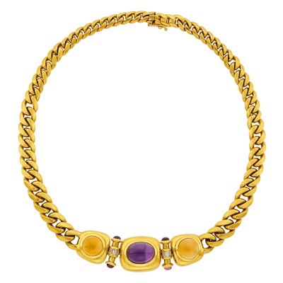 Lot 72 - Gold, Cabochon Amethyst, Citrine and Pink Tourmaline and Diamond Curb Link Chain Necklace