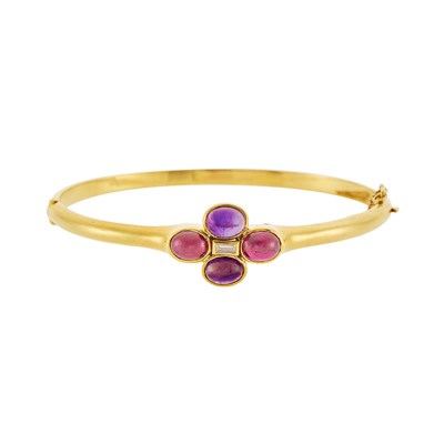 Lot 1027 - Gold, Cabochon Ruby and Amethyst and Diamond Bangle Bracelet, France