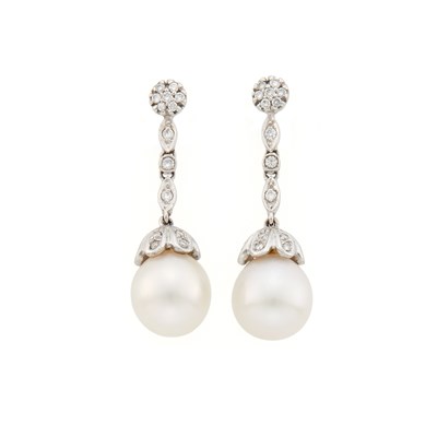 Lot 2236 - Pair of White Gold, Cultured Pearl and Diamond Pendant-Earrings