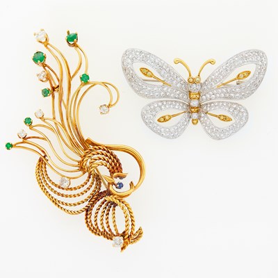 Lot 2215 - Two-Color Gold, Diamond and Colored Diamond Butterfly Brooch and Gold, Diamond, Emerald and Sapphire Brooch