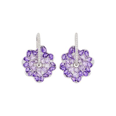 Lot 81 - Pair of White Gold, Amethyst and Diamond Flower Earrings