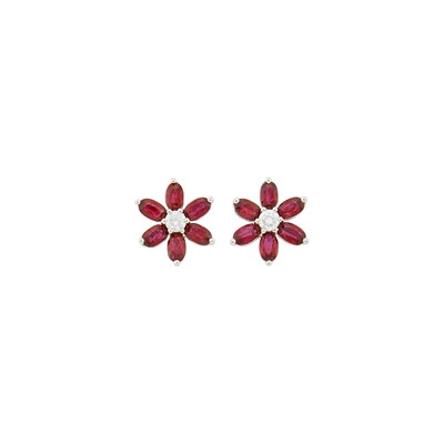 Lot 118 - Pair of Platinum, Diamond and Ruby Flower Earrings