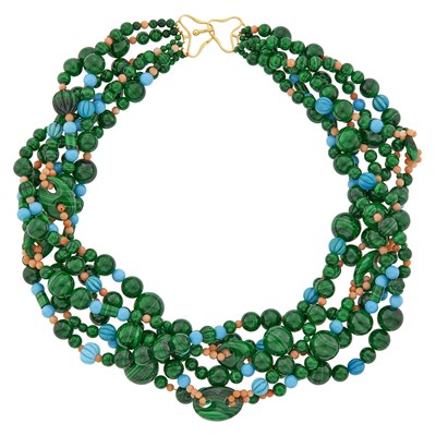 Lot 1047 - Five Strand Malachite, Coral and Turquoise Bead Torsade Necklace with Gold Clasp