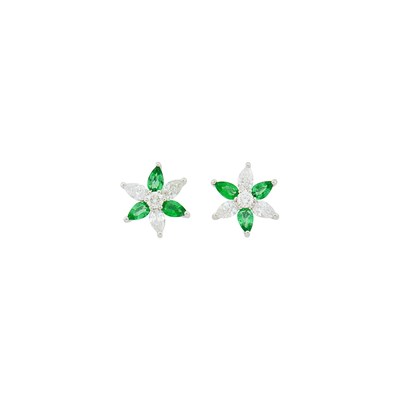 Lot 127 - Pair of Platinum, Emerald and Diamond Flower Earrings