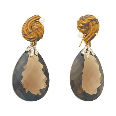 Lot 2032 - Pair of Gold, Smoky Quartz, Tiger's Eye and Cultured Pearl Pendant-Earrings