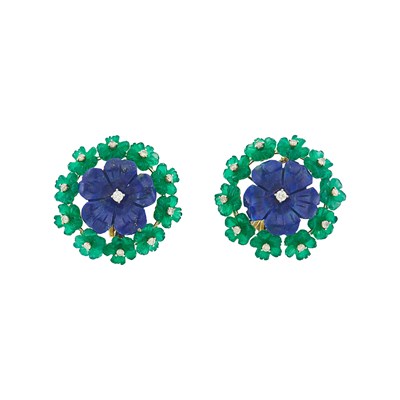 Lot 1180 - Pair of Gold, Carved Lapis and Green Agate and Diamond Flower Earclips