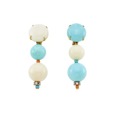 Lot 1022 - Pair of Gold, White Coral, Turquoise, Coral and Diamond Pendant-Earrings