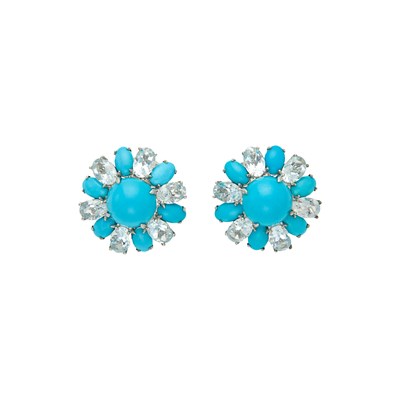 Lot 2115 - Pair of White Gold, Turquoise and Aquamarine Flower Earclips