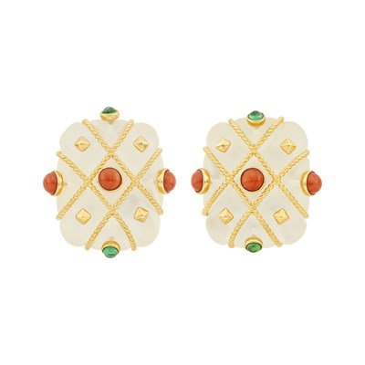 Lot 94 - Pair of Gold, Carved Rock Crystal, Mother-of-Pearl, Coral and Cabochon Green Quartz Earclips