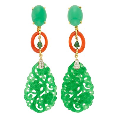 Lot 96 - Pair of Gold, Carved Green Agate, Chrysoprase, Cabochon Emerald, Coral and Diamond Pendant-Earrclips