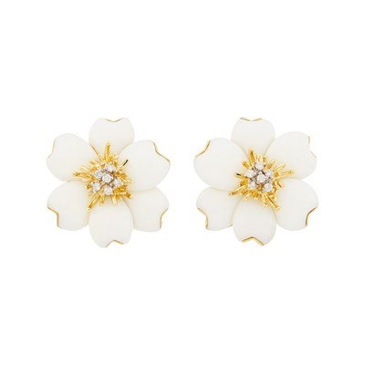 Lot 144 - Pair of Gold, Carved White Coral and Diamond Flower Earclips