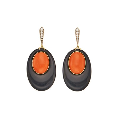 Lot 1039 - Pair of Gold, Black Onyx, Coral and Diamond Pendant-Earrings