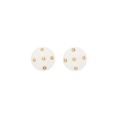 Lot 1051 - Pair of Gold, White Agate and Diamond Button Earrings