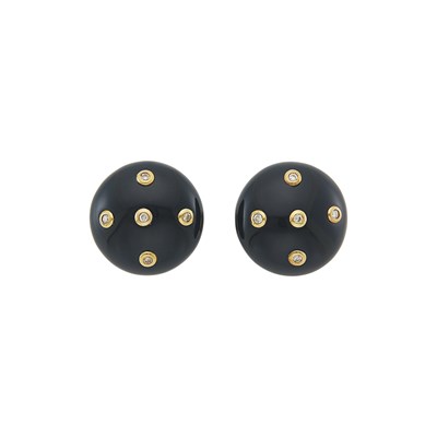 Lot 1024 - Pair of Gold, Black Onyx and Diamond Button Earrings