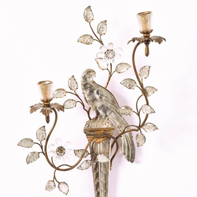 Lot 283 - Pair of Baques Style Gilt Painted Metal and Glass Bird-Form Two-Light Wall Sconces