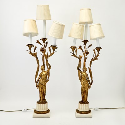 Lot 299 - Pair of Louis XVI Style Gilt Bronze Figural Three-Light Candelabra