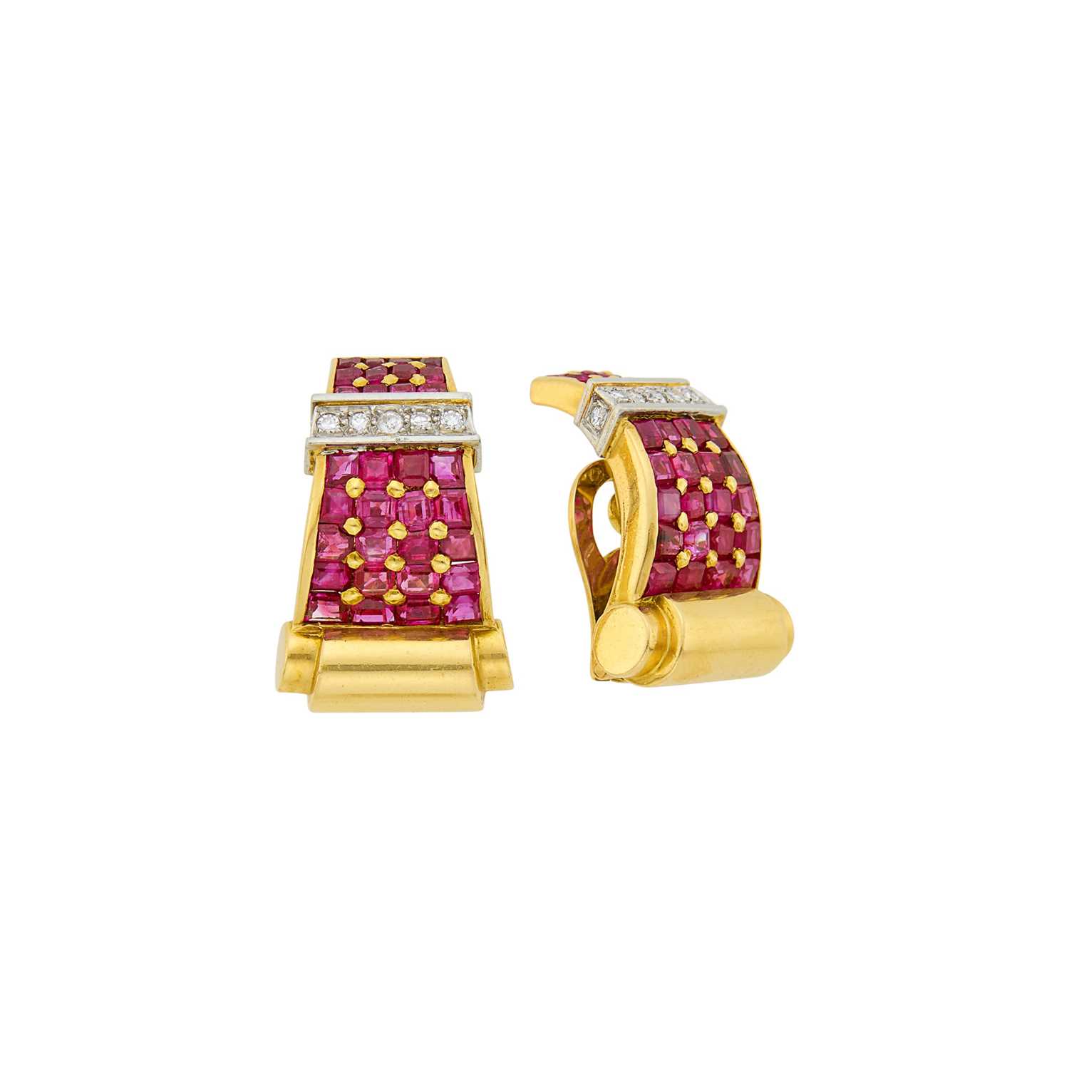 Lot 1104 - Pair of Gold, Platinum, Ruby and Diamond Earclips, France