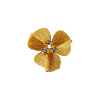 Lot 1244 - Gold, Diamond and Sapphire Three-Leaf Clover Clip-Brooch