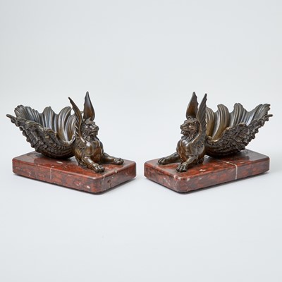 Lot 392 - Pair of Bronze and Rouge Griotte Marble Griffin and Shell-Form Vide Poches
