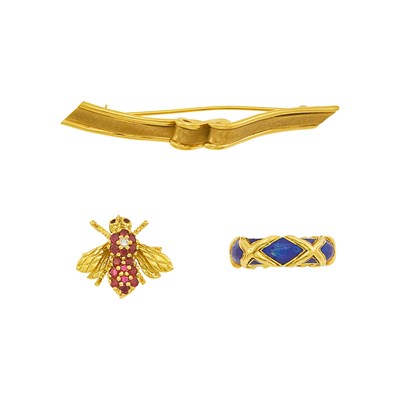 Lot 1222 - Tiffany & Co. Gold, Ruby and Diamond Bee Pin, Ribbon Pin and Band Ring