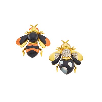 Lot 1226 - Pair of Gold, Black Onyx, Coral, Mother-of-Pearl and Diamond Bee Pins