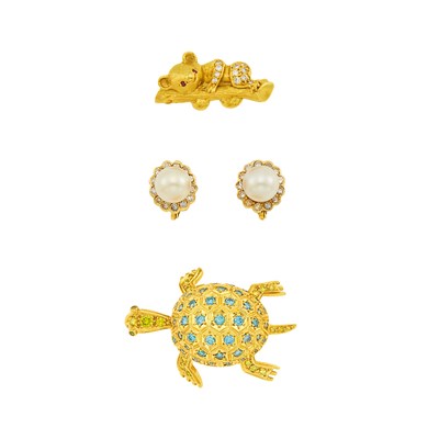 Lot 1250 - Two Gold, Treated Colored Diamond and Diamond Pins and Pair of Cultured Pearl and Diamond Earclips