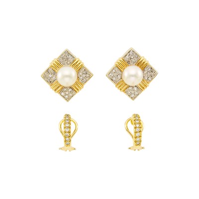 Lot 1209 - Two Pairs of Two-Color Gold, Diamond and Cultured Pearl Earclips