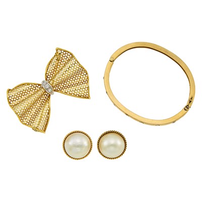 Lot 1262 - Two-Color Gold and Diamond Bow Brooch, Pair of Mabé Pearl Earclips and Diamond Bangle Bracelet