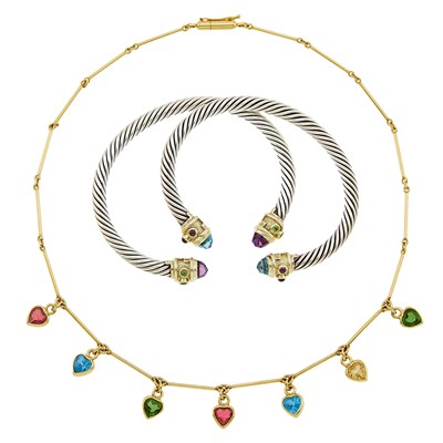 Lot 1143 - David Yurman Pair of Sterling Silver, Gold and Colored Stone Bangle Bracelets and Gold and Colored Stone Heart Fringe Necklace