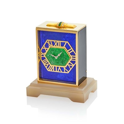 Lot 89 - Mauboussin Gold, Carved Emerald, Emerald, Diamond, Blue and Black Enamel and Agate Desk Clock