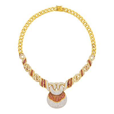 Lot 137 - Two-Color Gold, Ruby and Diamond Curb Link Chain Necklace