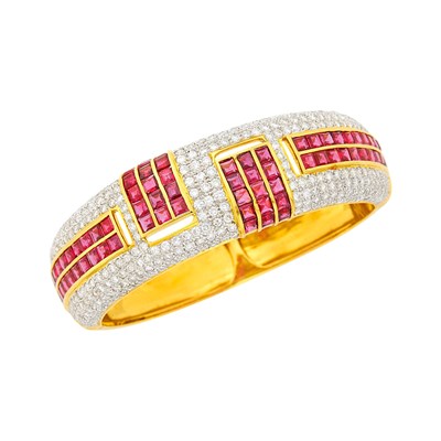 Lot 138 - Two-Color Gold, Ruby and Diamond Bangle Bracelet