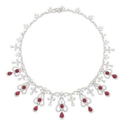 Lot 122 - White Gold, Ruby and Diamond Fringe Necklace