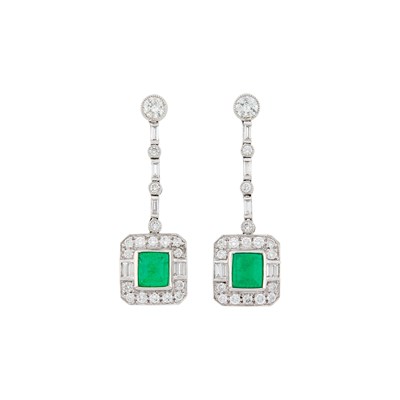 Lot 131 - Pair of Platinum, Cabochon Emerald and Diamond Pendant-Earrings