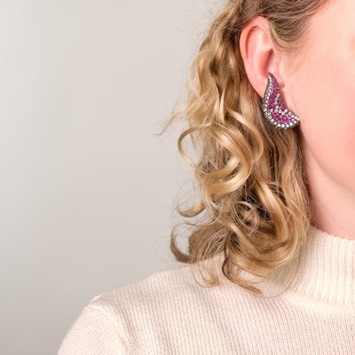 Lot 75 - Pair of Blackened Gold, Diamond and Multicolored Sapphire Watermelon Earclips