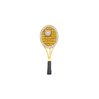 Lot 1009 - Gold, Diamond, Invisibly-Set Yellow Sapphire and Carved Black Onyx Tennis Racket Pin