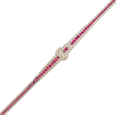 Lot 1139 - White Gold, Ruby and Diamond Buckle Bracelet