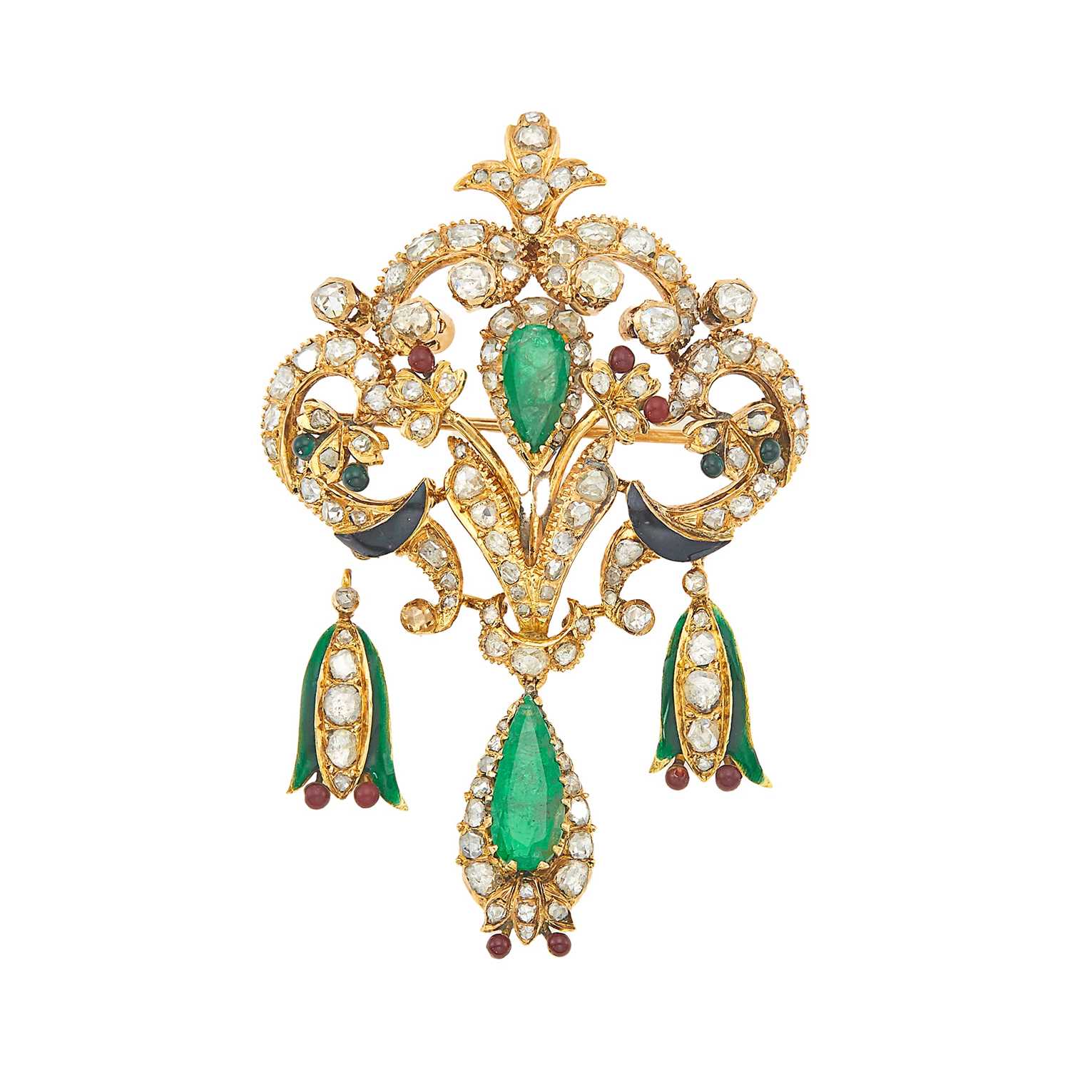 Lot 1173 - Gold, Emerald, Diamond, Ruby and Enamel Pendant-Brooch