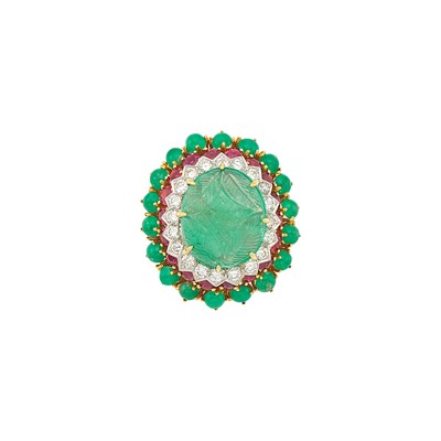 Lot 1035 - Gold, Carved Emerald, Cabochon Emerald, Ruby and Diamond Pendant