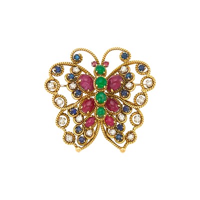 Lot 1042 - Gold, Ruby, Sapphire and Diamond Butterfly Pin