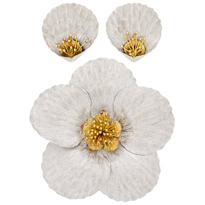 Lot 59 - Buccellati White and Rose Gold Flower Clip-Brooch and Pair of Two-Color Gold Petal Earrings