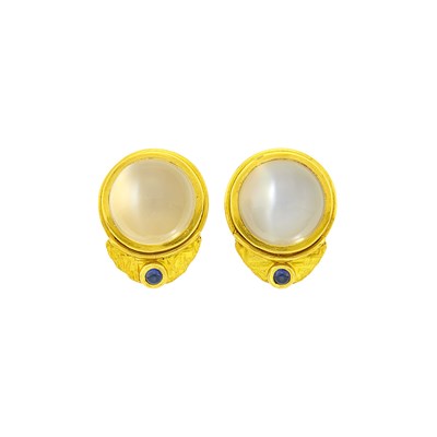 Lot 84 - Denise Roberge Pair of High Karat Gold, Cat's Eye Moonstone and Cabochon Sapphire Earclips