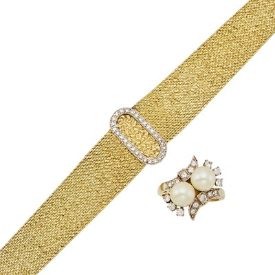 Lot 1062 - Omega Gold and Diamond Bracelet-Watch and Gold, Platinum, Cultured Pearl and Diamond Ring