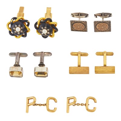 Lot 1195 - Five Pairs of Gold, Low Karat Gold, Silver, Black Enamel, Split Pearl, Diamond and Citrine Cufflinks